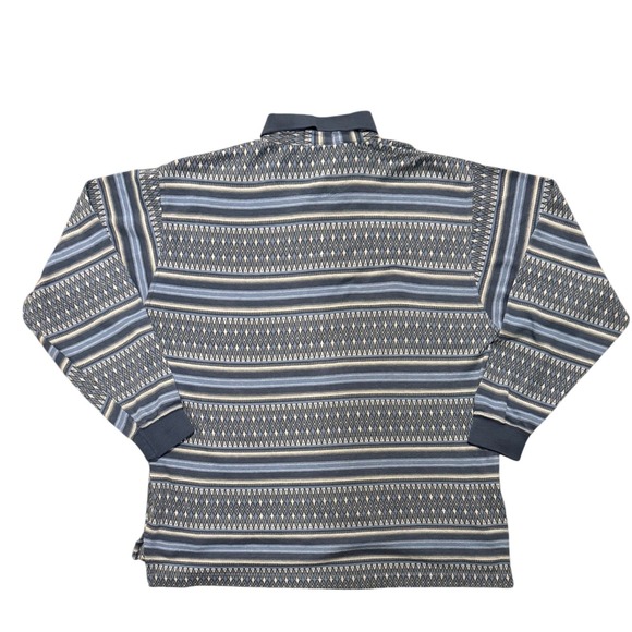 Honors Vintage Mens Large Blue Geometric Diamond Striped Long Sleeve Polo Shirt - Picture 2 of 10
